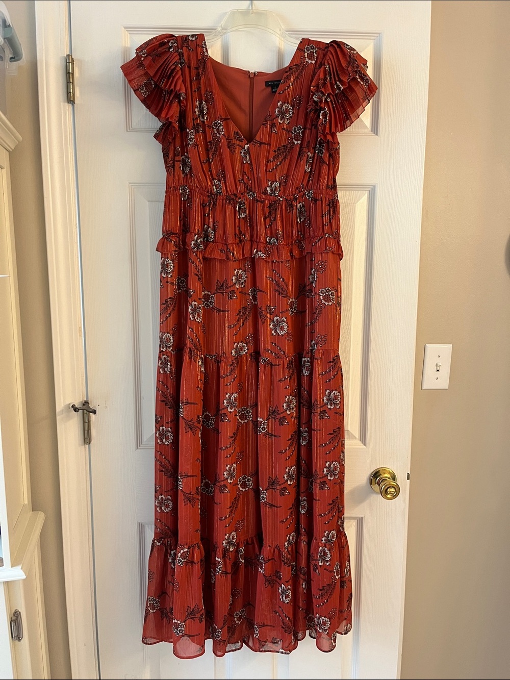 Ann Taylor Rust Red-Orange Floral Maxi Dress with Ruffle Cap Sleeves